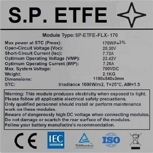 (08) Pannelli solari flessibili Sunpower ETFE 170W dim. 1190x540x3mm