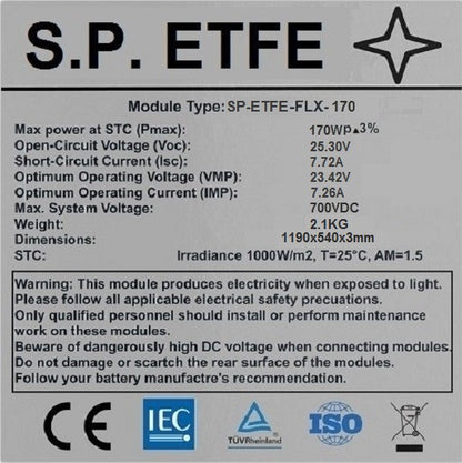 (b) Pannello solare flessibile Sunpower ETFE 170W dim. 1190x540x3mm