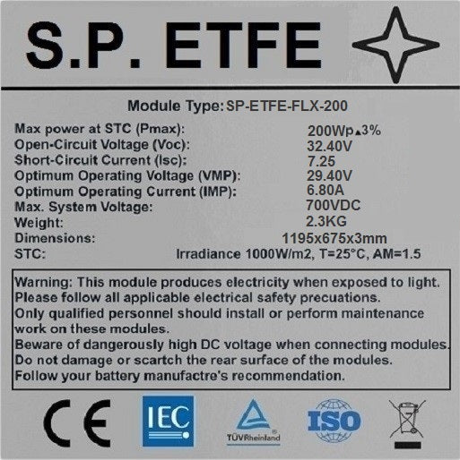 (c) Pannello solare flessibile Sunpower ETFE 200W dim. 1195x675x3mm