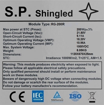 Pannello solare rigido 200W dim. 1120x670x25mm