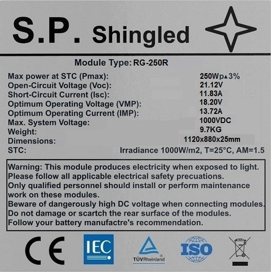 Pannello solare rigido 250W 1120x880x25mm