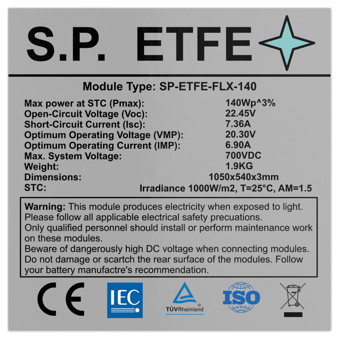 Pannello solare flessibile Sunpower ETFE 140W dim. 1050x540x3mm