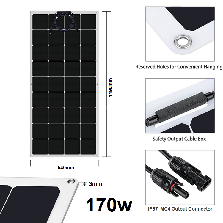 (h) Pannelli solari flessibili Sunpower ETFE 170W dim. 1190x540x3mm